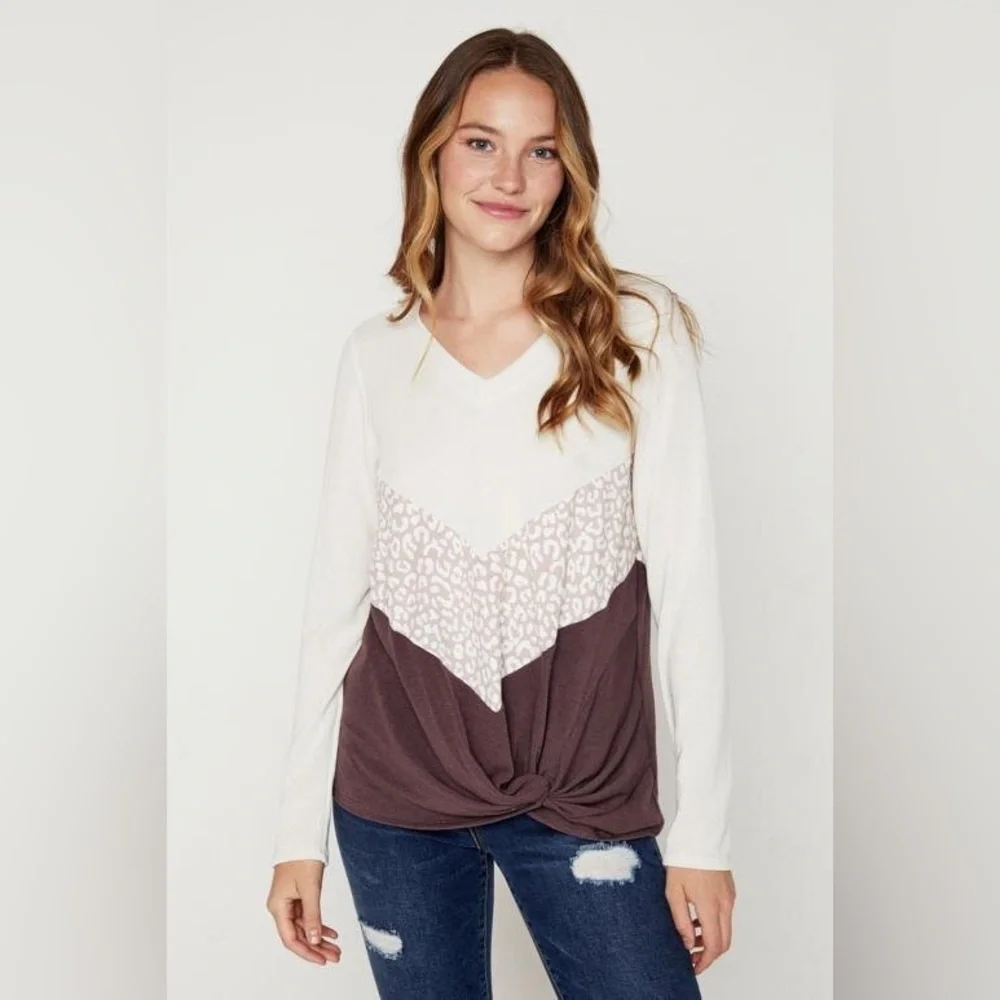 NWT Hailey & Co Animal Print Color Block Long Sleeve Top, Brown/Cream - Picture 11 of 13